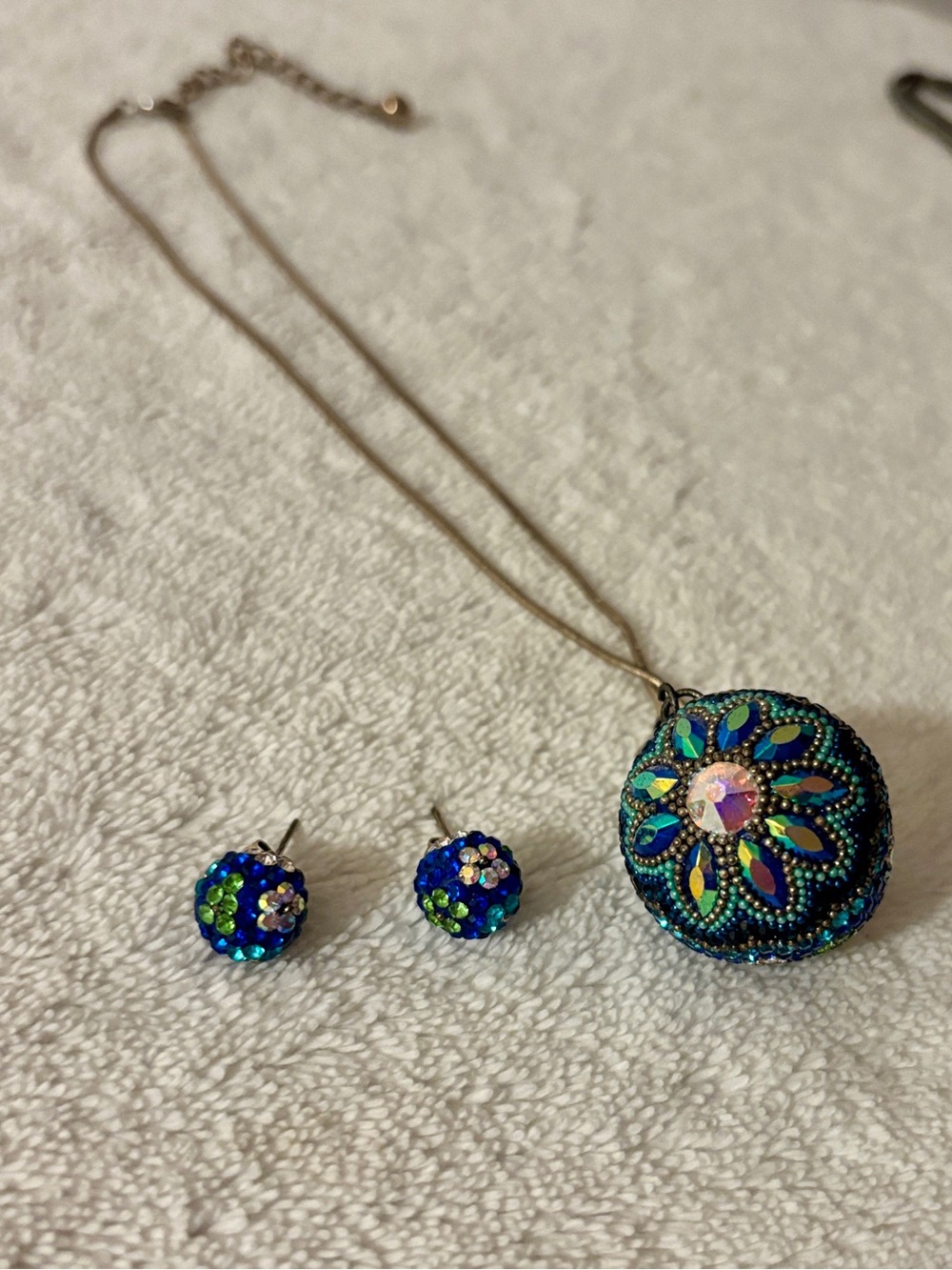 Blue Multicolor Floral Mandala Pendant Necklace and Earrings - Women Jewelry